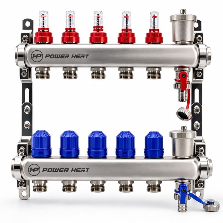 Колектор с дебитомери<BR>Power Heat Inox - 1"<BR>4 позиции - 3/4"евроконус<BR>ЦЕНА – 100.00€